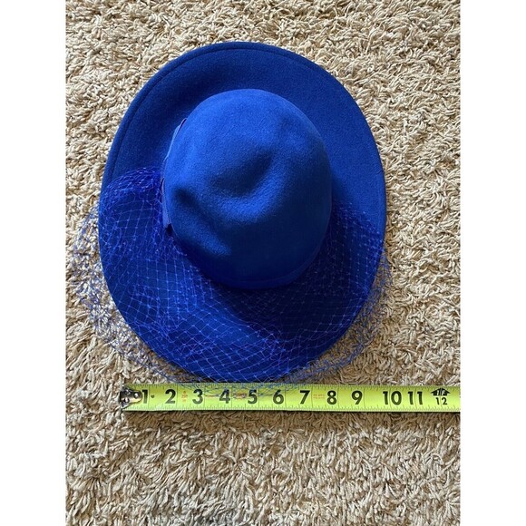 Vintage Lancaster Hat Womens Fedora Blue 100% Wool Netting Bow USA Church - Picture 8 of 10